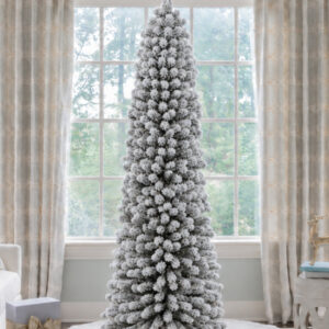 9' Prince Flock® Pencil Artificial Christmas Tree with 600 Warm White LED Lights